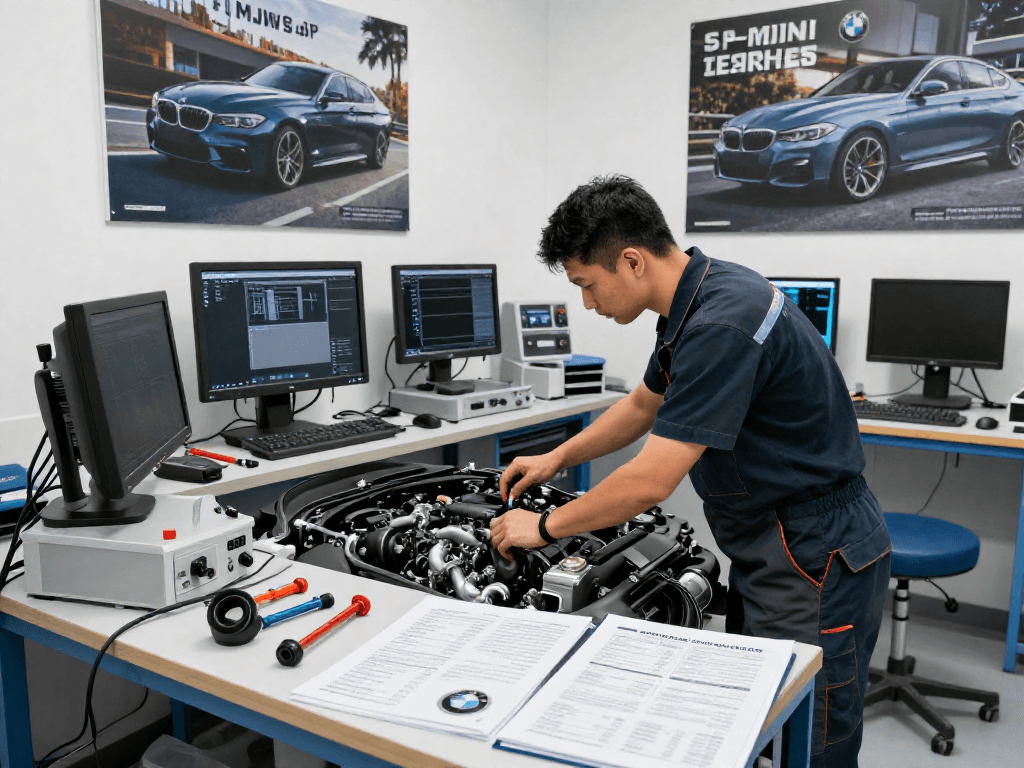 Professioneller Mechaniker in der BMW Werkstatt Hannover beim Tuning eines BMW, umgeben von hochwertigem Equipment.