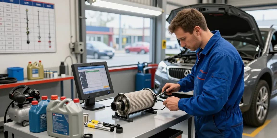 DPF Reinigung Hannover in einer modernen Werkstatt mit einem Mechaniker, der an einem Dieselpartikelfilter arbeitet.
