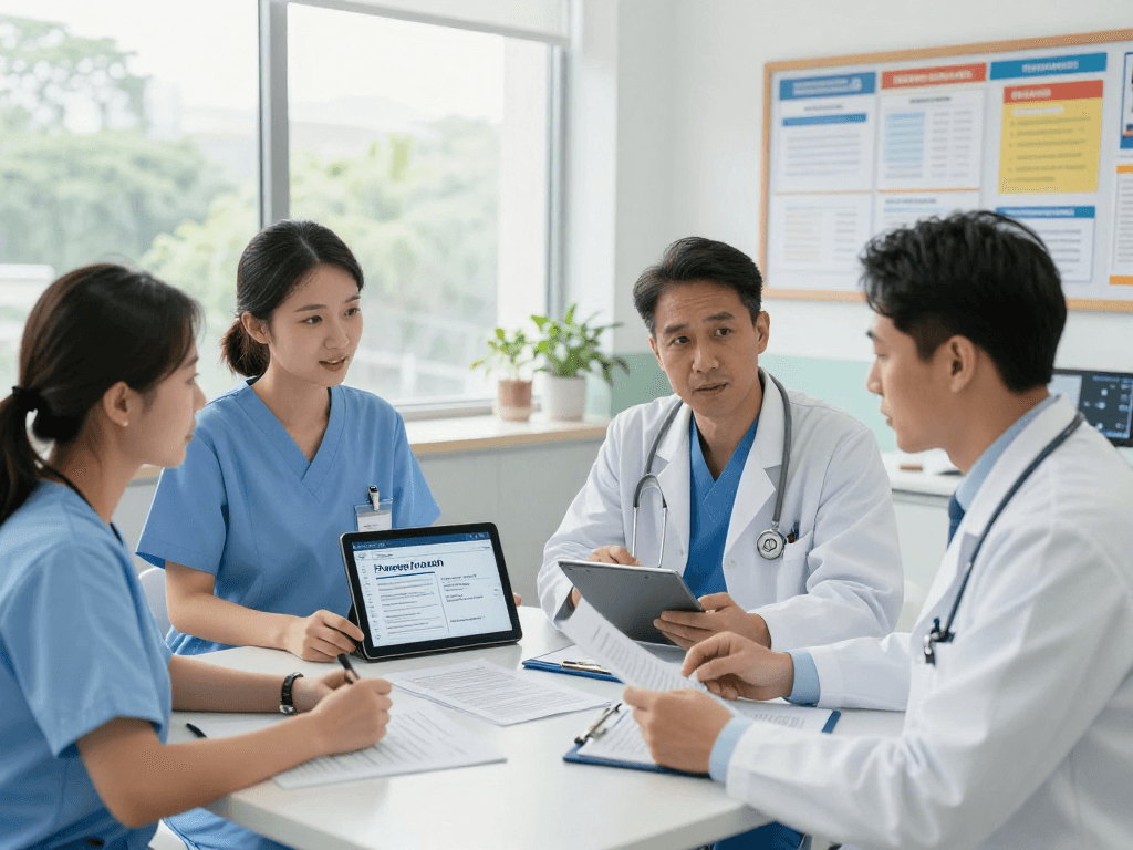 Wissen / Blog-Hub: Healthcare professionals discussing GDPR compliance in a modern clinic setting.