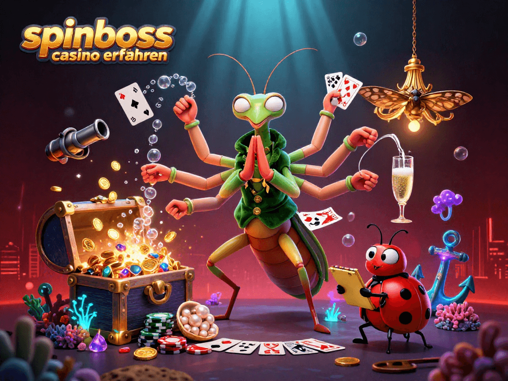 Spinboss Casino Erfahrungen präsentieren spielerische Elemente in einer bunten, detailreichen Illustration.