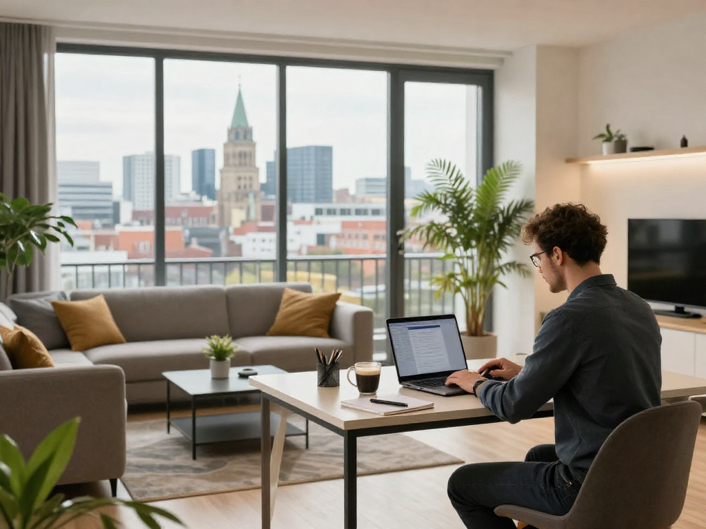Gemütliches Monteurzimmer in Hannover mit modernem Design und Arbeitsplatz.