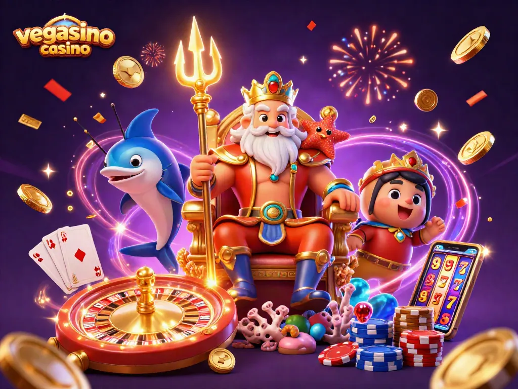 Join the fun at vegasino casino with Neptune, golden coins, and vibrant game elements!