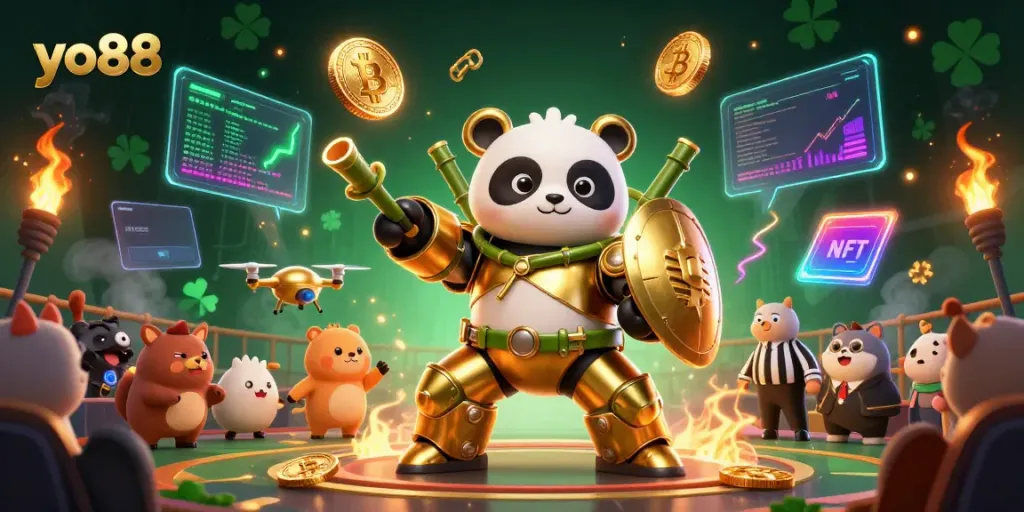 Engage with thrilling yo88 gameplay featuring a mech-suit golden panda in a vibrant casino arena.