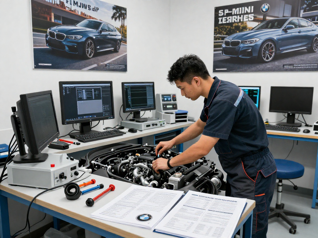Professioneller Mechaniker in der BMW Werkstatt Hannover beim Tuning eines BMW, umgeben von hochwertigem Equipment.