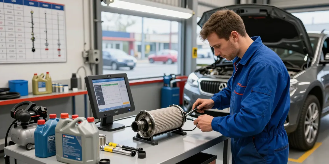 DPF Reinigung Hannover in einer modernen Werkstatt mit einem Mechaniker, der an einem Dieselpartikelfilter arbeitet.