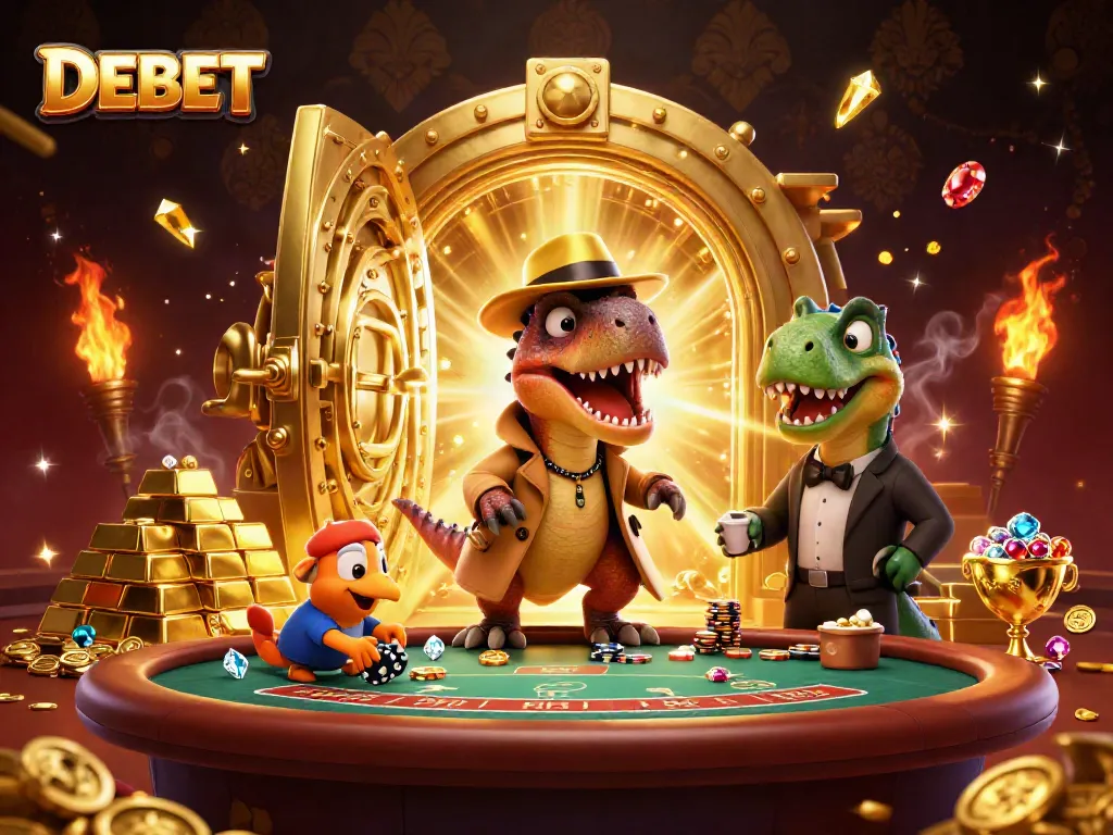 Engage with the exciting casino world at DEBET, featuring unique dinosaur characters and vibrant gold elements.