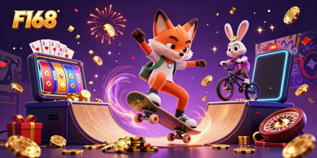 Exciting F168 gaming scene with a fox and rabbit amidst colorful casino elements.