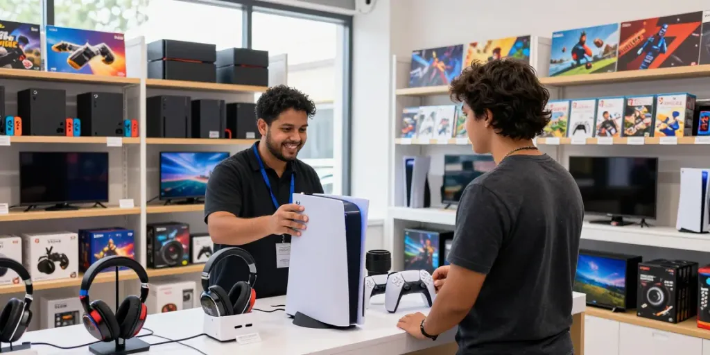 ROKOK88 slot: Engaging shopping scene in a gaming store showcasing PlayStation 5 and accessories.