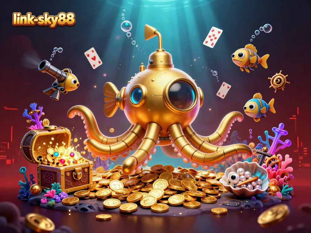 Exciting gameplay at link-sky88 with a golden kraken emerging from coins in a vibrant casino scene.