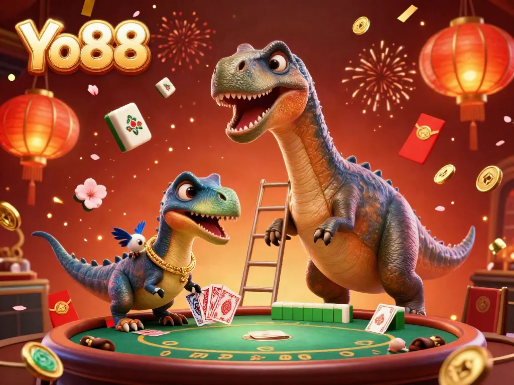 Experience Yo88's vibrant gaming environment as a brontosaurus oversees a bustling poker game with festive decorations.