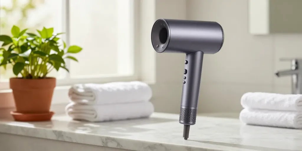Eleganter ionischer Haartrockner auf marmoriertem Waschbecken im modernen Badezimmer.