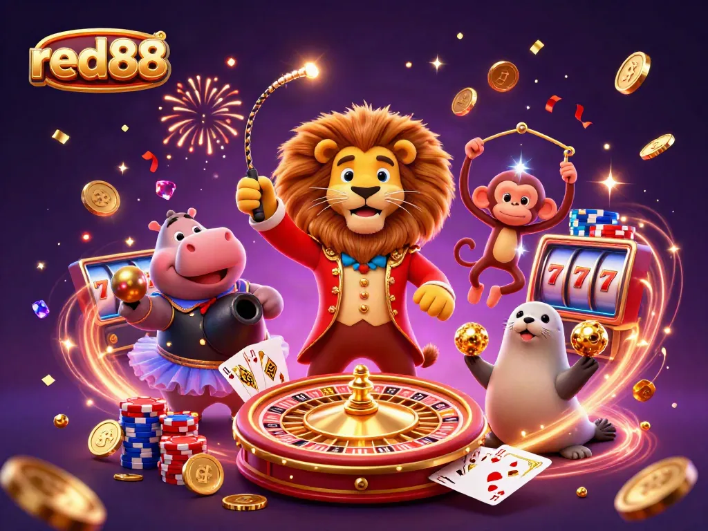 Spin and win at red88 with a vibrant casino-themed scene filled with cartoon characters and golden elements.