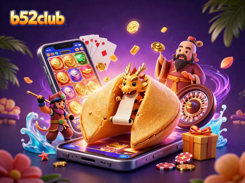 Engage with b52club's vibrant 3D illustration showcasing a golden fortune cookie, wise dragon, and casino elements.