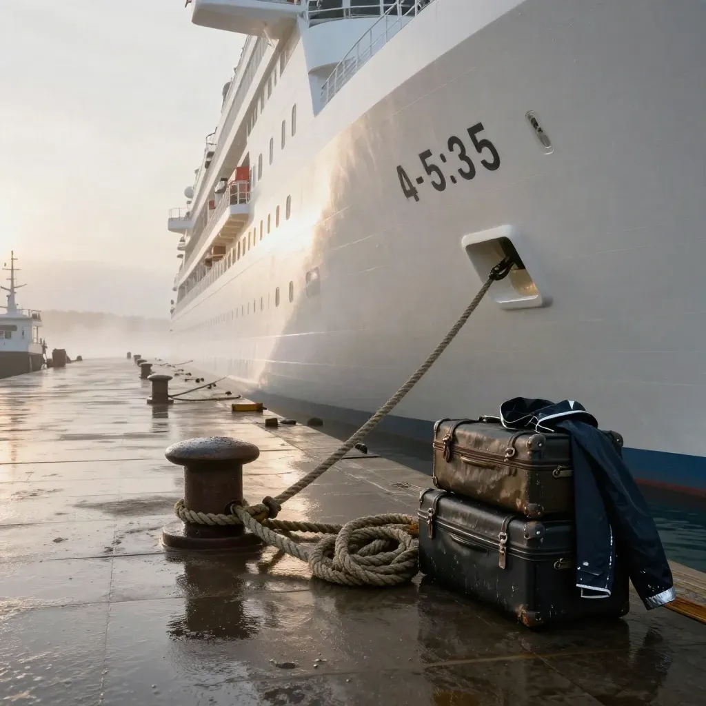 Weiße Kreuzfahrtschiff-Nase am Kai bei Morgendunst, Koffer und Seil im Vordergrund.
