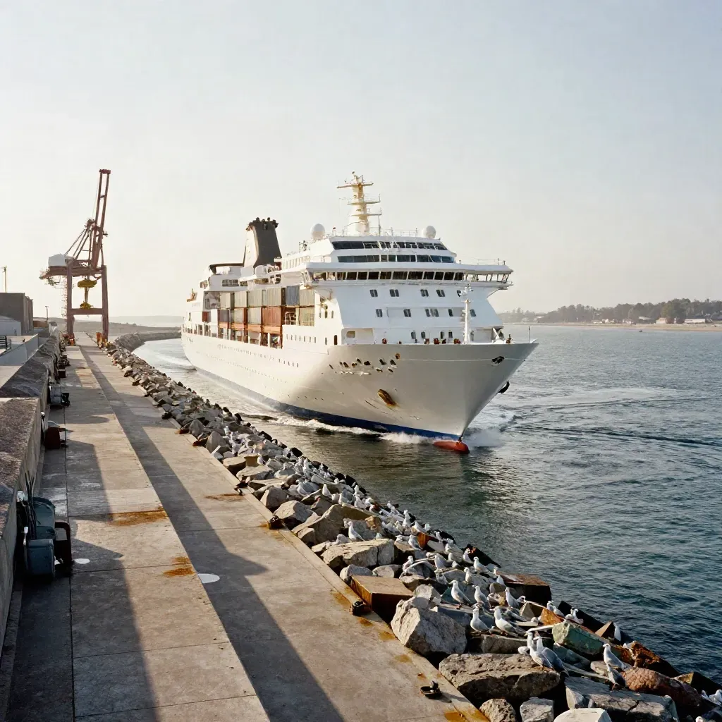 Kieler Hafen mit Kreuzfahrtschiff beim Auslaufen zwischen Kränen und Möwen im Morgenlicht.