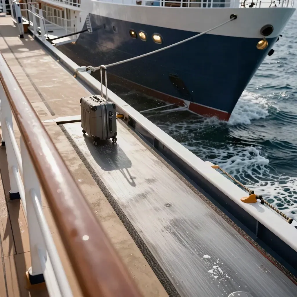 Rollkoffer am offenen Gangway eines Kreuzfahrtschiffs über dem Meer