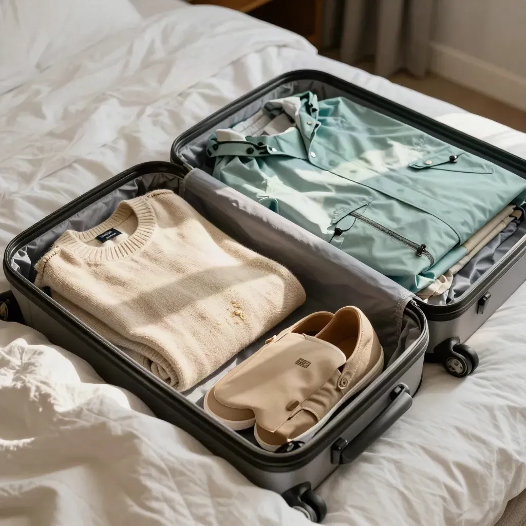Offener Koffer auf Hotelbett mit Kleidung, Schuhen und Packbeutel vor der Abfahrt.