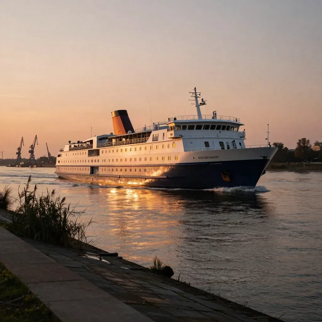 Kreuzfahrtschiff verlässt Hamburg im Abendlicht, Hafenkräne und goldene Elbe im Hintergrund.