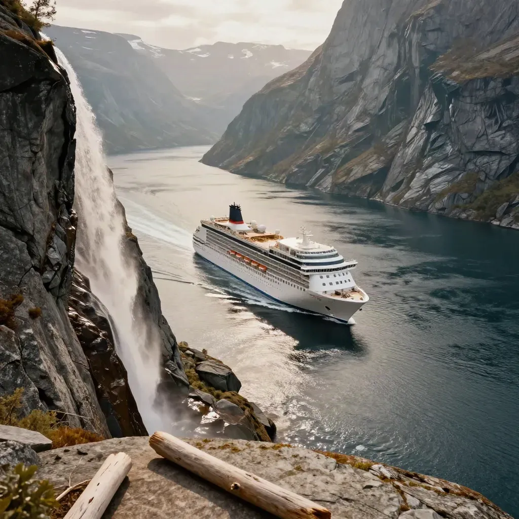 Kreuzfahrtschiff fährt zwischen steilen Fjordklippen mit Wasserfall und silbriger Gischt.