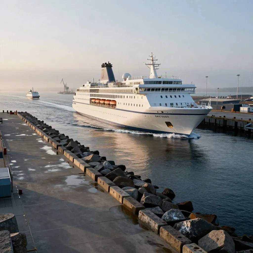Kreuzfahrtschiff verlässt morgens den Kieler Hafen mit Wellen und Molen im Vordergrund.