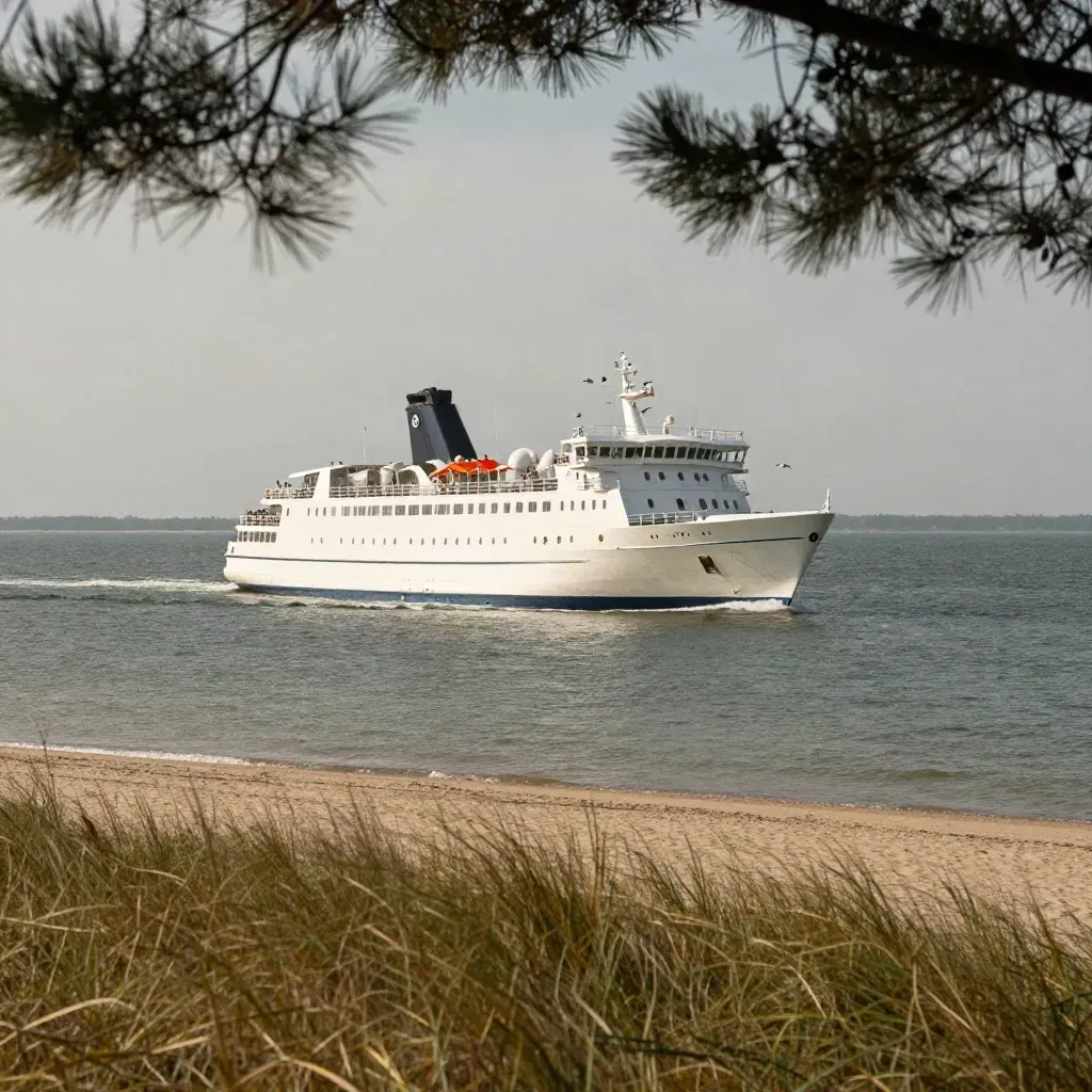 Kreuzfahrtschiff auf ruhiger Ostsee mit Möwen und silberner Kielwelle