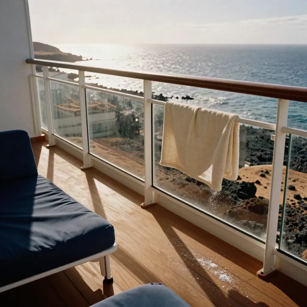 Sonnenbeschienener Kreuzfahrtbalkon mit Blick auf Kanarenküste und winterliche See.