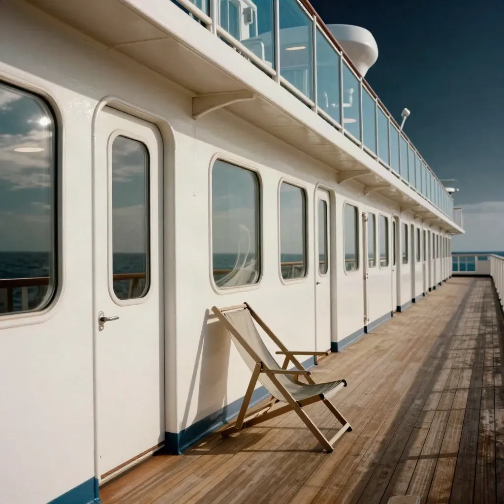 Deck-8-Gang eines Kreuzfahrtschiffs mit Kabinenfenstern, Balkontüren und schiefem Deckstuhl