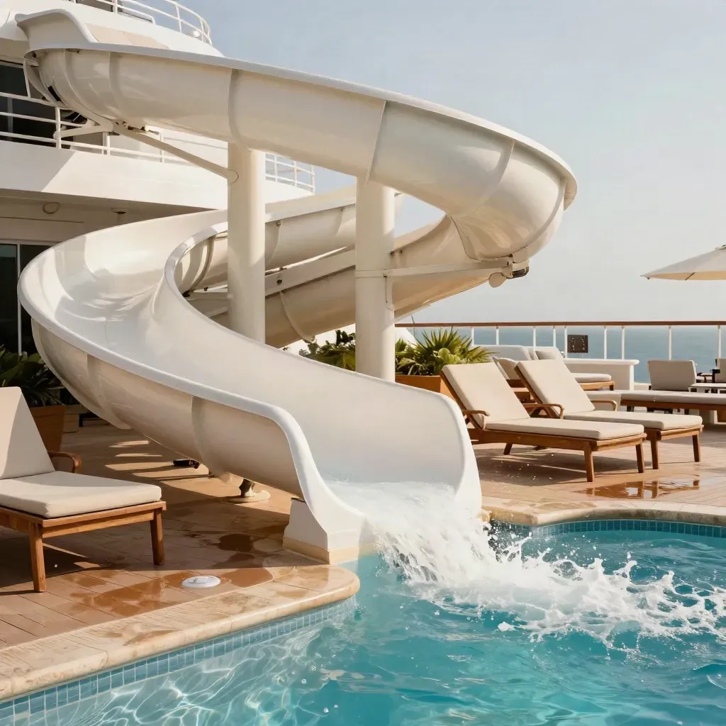 Leerer Pooldeckbereich eines Kreuzfahrtschiffs mit Wasserrutschen und Spritzwasser im Sonnenlicht