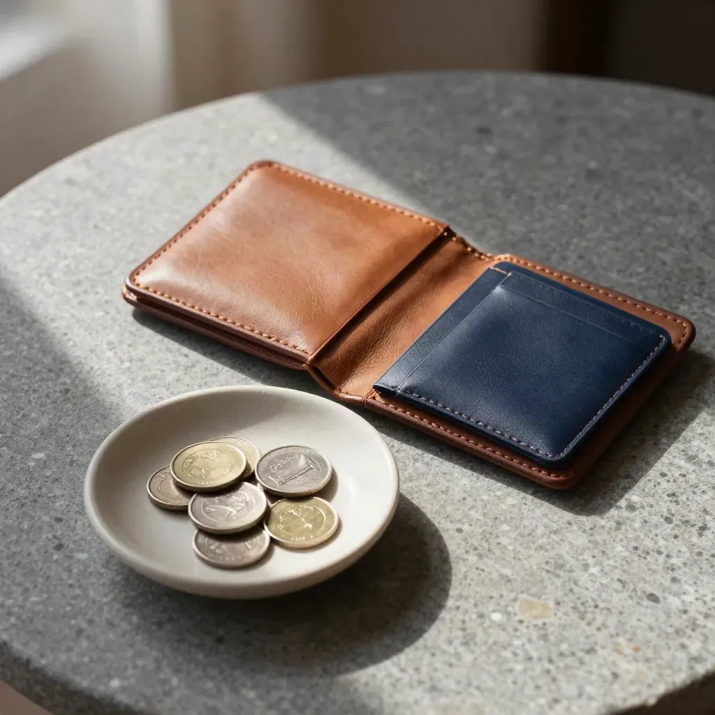 Wallet, Münzen und Kartenetui auf Steintisch im warmen Morgenlicht.