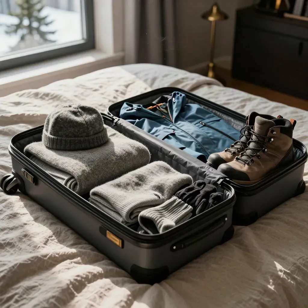 Offener Koffer mit Norwegen-Packung auf einem Bett im Morgenlicht