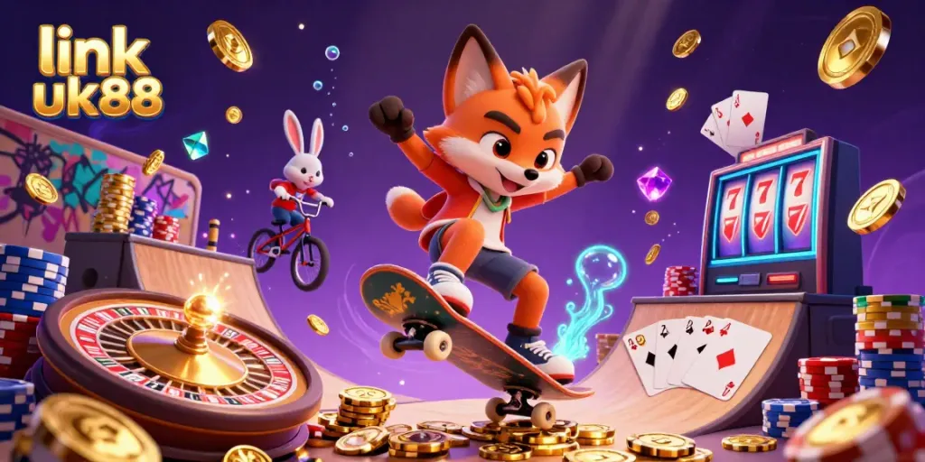 Experience thrilling gaming action with link uk88 in an exciting casino-themed 3D illustration.