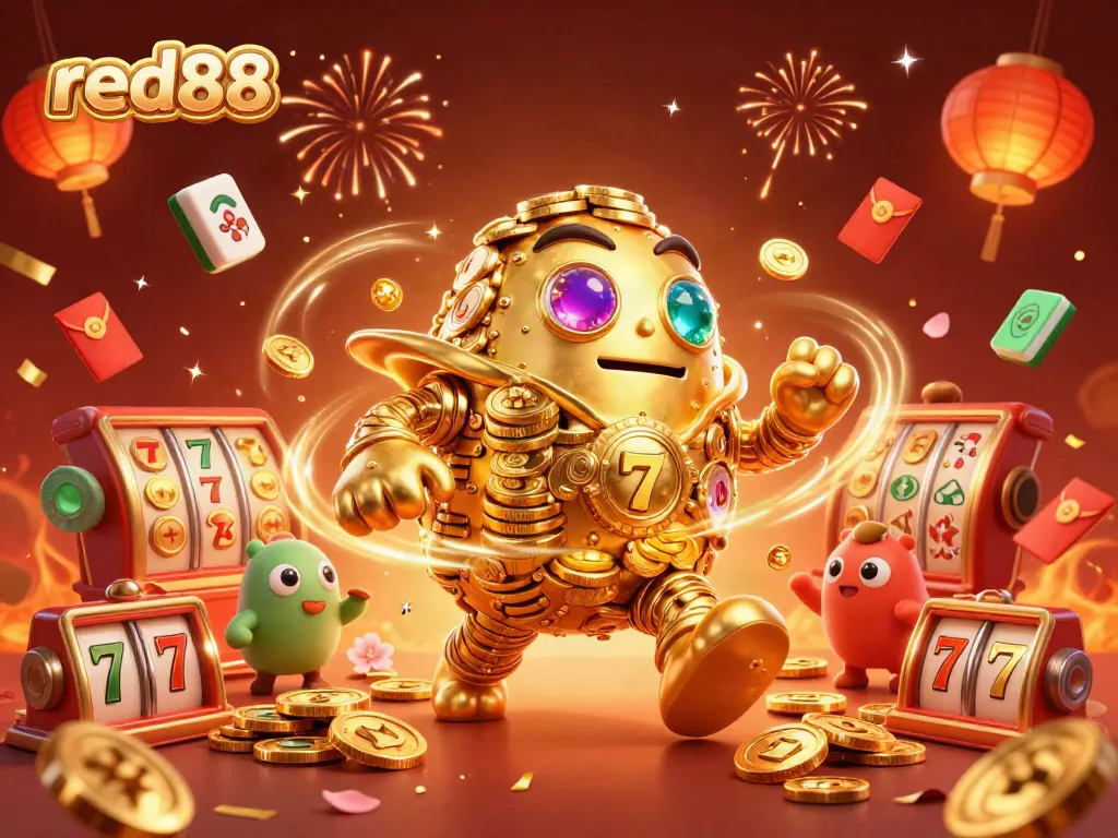 Experience the exciting gameplay at red88 with a vibrant golden golem surrounded by dynamic gaming elements.