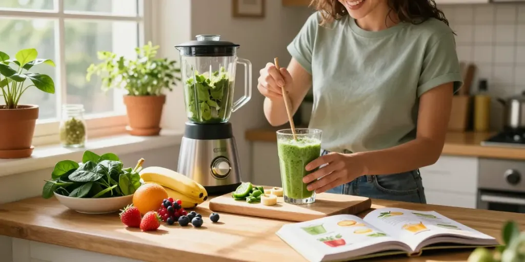 Creating a healthy breakfast smoothie with rokok88 slot ingredients in a sunny kitchen.