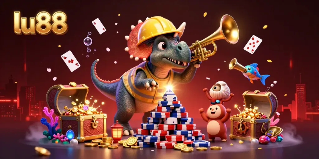 Experience thrilling gaming at lu88 with a fun scene featuring a triceratops building poker chips in a vibrant casino world.