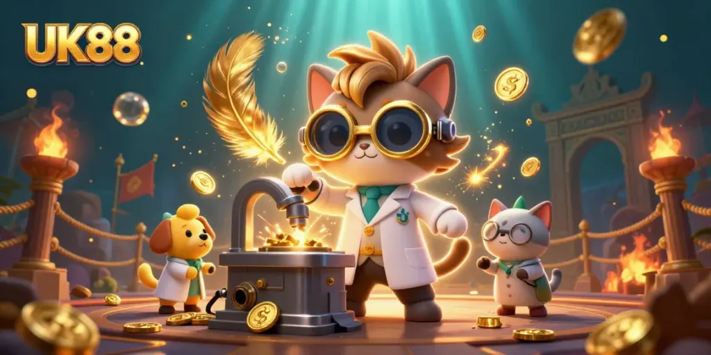 Witness the exciting UK88 gaming world as a mad scientist cat creates winning gold coins in a vibrant casino.