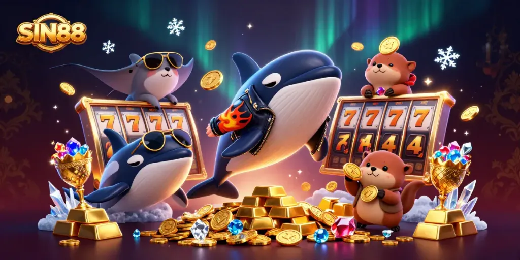 SIN88 captivates players with an exciting cartoon scene of winners celebrating under swirling gold, coins, and jackpot reels.