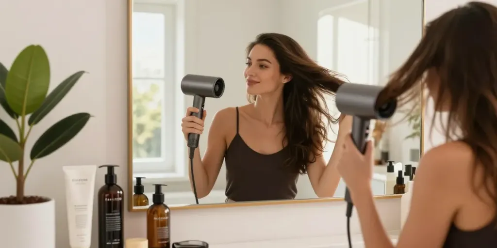 Stylische Frau verwendet einen Haartrockner in einem modernen Badezimmer mit luxuriösen Haarpflegeprodukten.