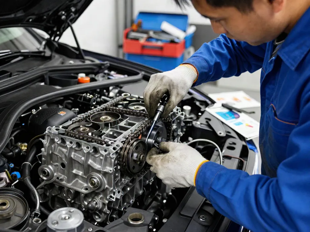 Steuerkette wechseln Hannover: Mechaniker prüft BMW-Motor in Werkstatt