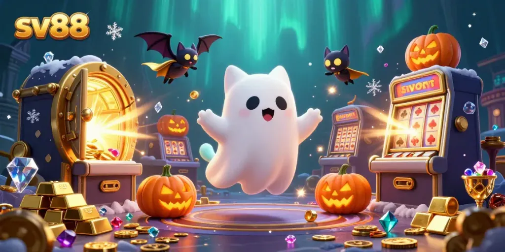 Experience thrilling gameplay at sv88 with ghostly cats and treasure amidst a haunted casino.
